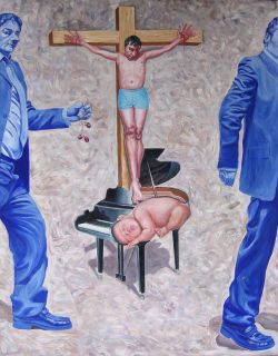 The crucifixion on the piano with boy's form. 