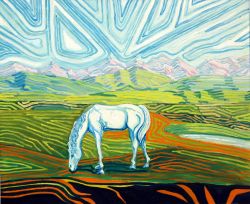 Cavallo bianco al pascolo (1984) - olio su tela 