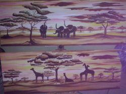 elefanti e giraffe al tramonto