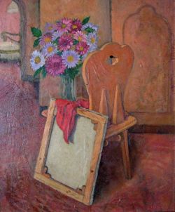 "Interno con tela, sedia e vaso di fiori"