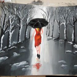 Donna che passeggia di notte sotto la pioggia