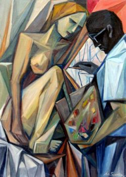 Il pittore  e la modella, 1999. Olio su tela, cm. 50 x 70.