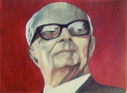 Ritratto di Sandro Pertini su sfondo rosso