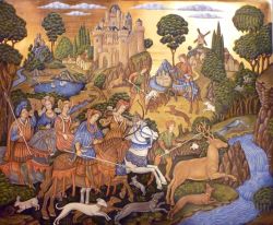 Scena di caccia medievale e paesaggio toscano
